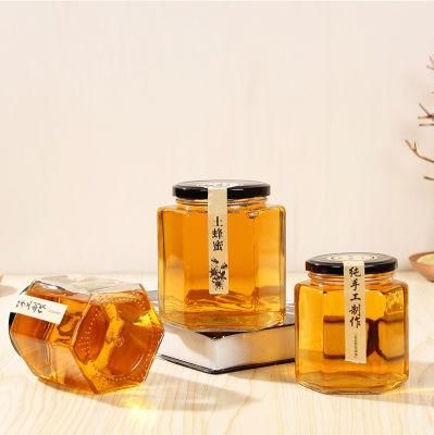 1.5oz 2oz 4oz Hexagon Mini Glass Jar Custom for Jam and Honey with Wood Dipper and Gold Lid