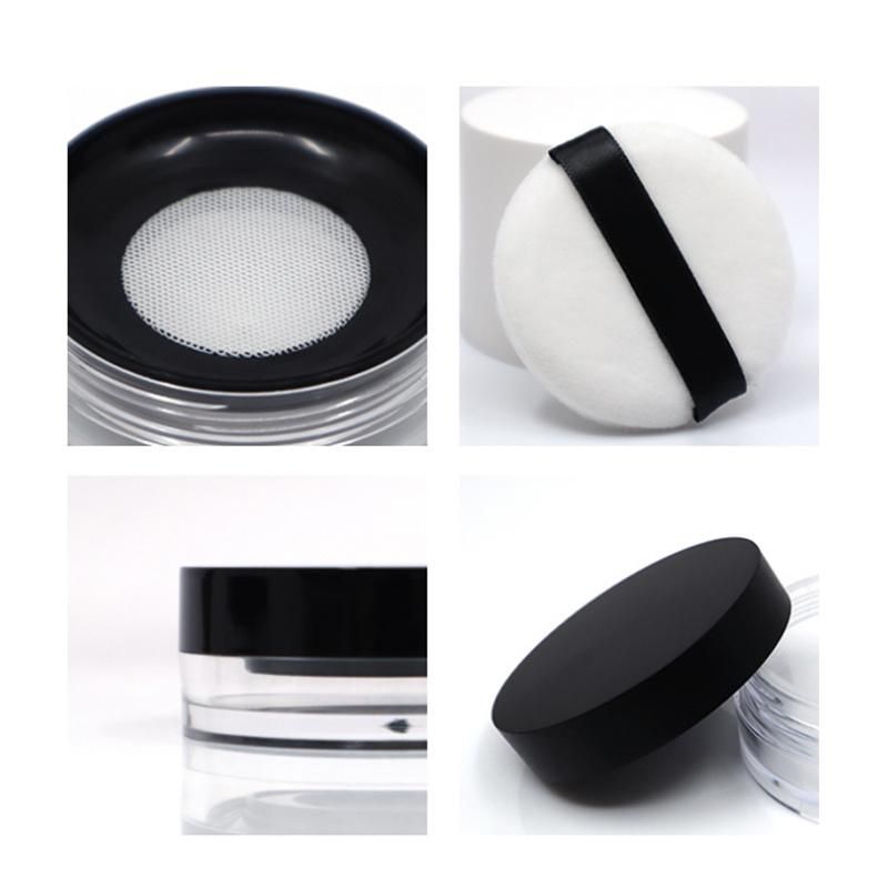 Hot Sell Product Black Makeup Packaging Custom Logo Plastic Empty Round Transparent Loose Powder Jar with Sifter and Puff