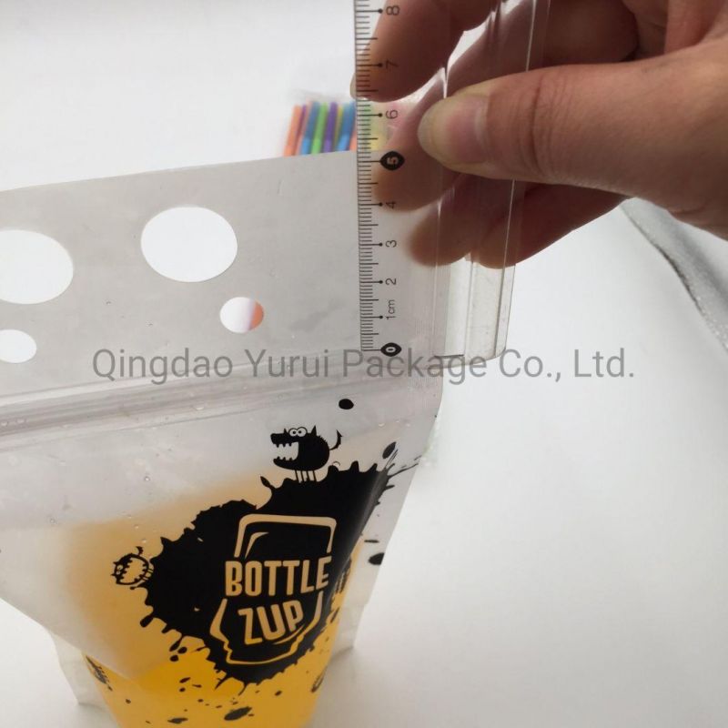 Juice Sealed Drink Pouches Clear Reclosable Hand Held Zipper Plastic Drinking Bags with Plastic Straw