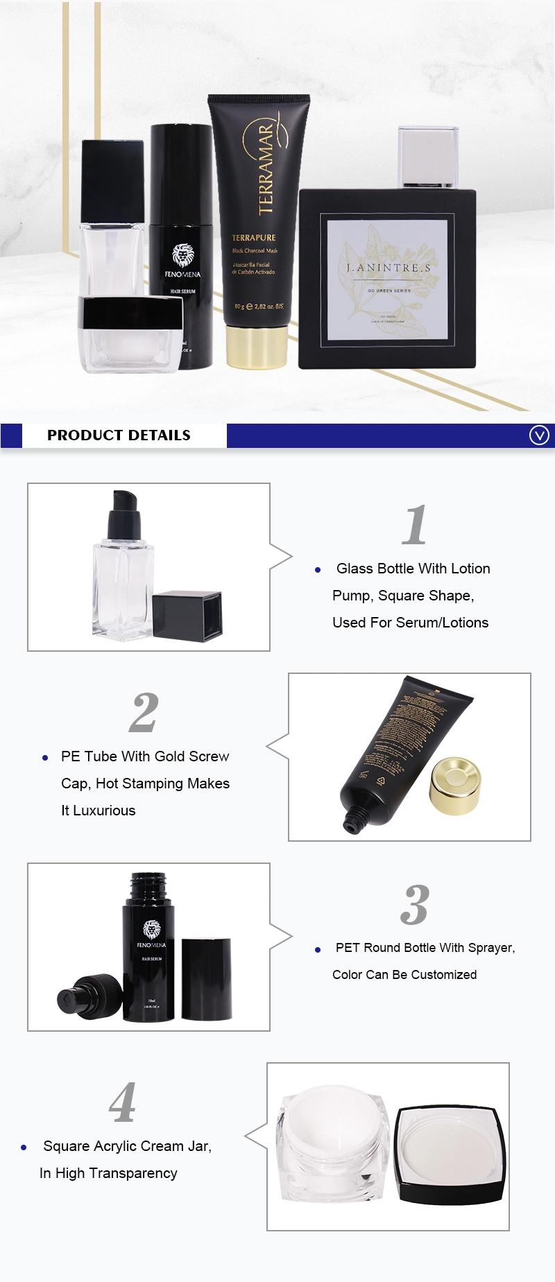 Manufacture Black Cosmetic Packaging Square Cream Jar Container Clear Plastic Squeeze Tube Glass Lotion Serum Bottles Spray Bottle Set