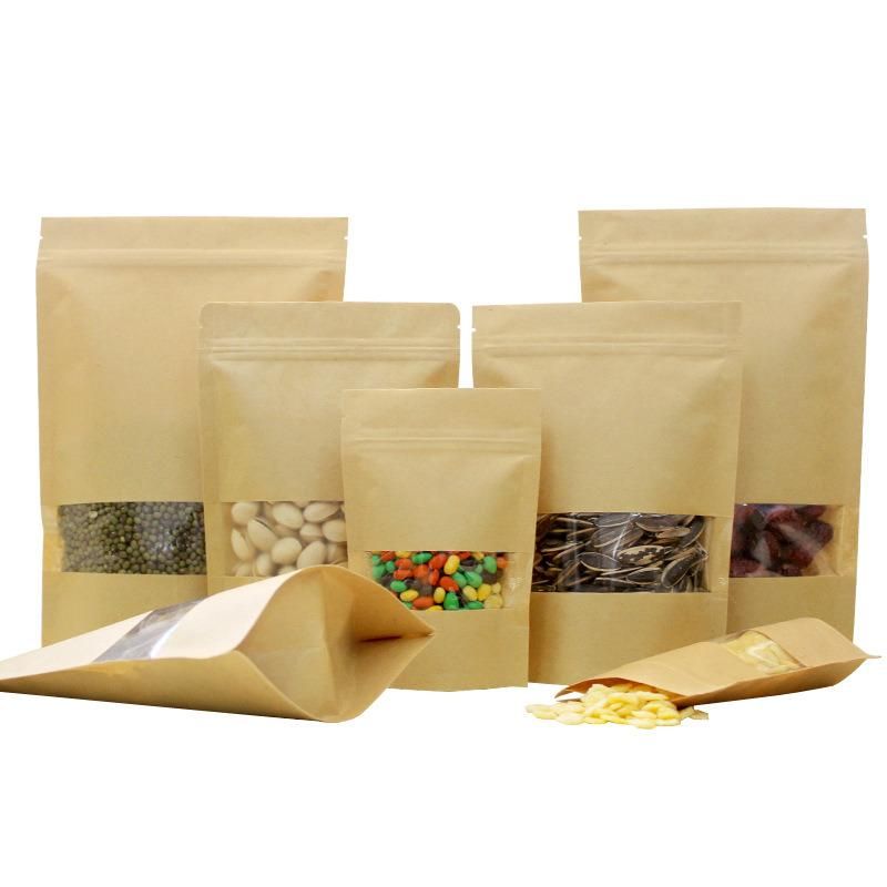 Wholesale Kraft Paper Retail Food Packaging Stand-up Grip Seal Pouch with High Barrier and Window 23*35+10cm