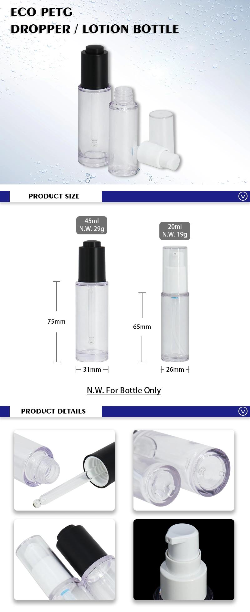 High Quality 20ml 45ml Clear Empty Eco Friendly PETG Plastic Lotion Container or Dropper Bottle