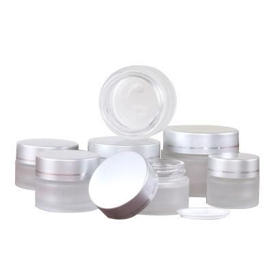 Low MOQ 20g 30g 50g 100g Empty Refillable Cosmetic Container Frosted Glass Cream Jars with Silver Metal Lid