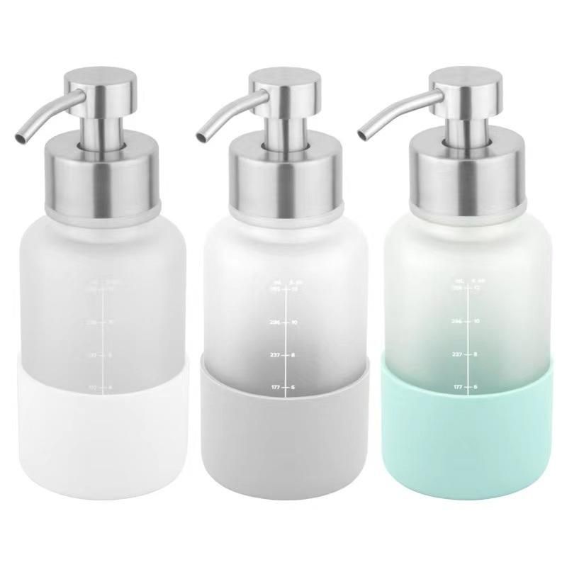 Custom 350ml 12oz Frosted Hand Wash Shampoo Lotion Pump Dispenser Soap Glass Bottle with Silicone Sleeve