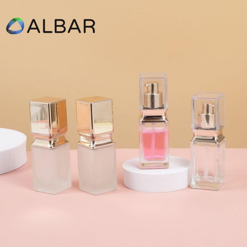 Clear and Light Gold Cap Liquid Foundation Glass Bottles in Square Frosted