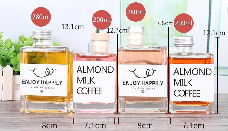 200ml 280ml Tea Juice Coffee Wine Square Glass Bottle with Cork Lid