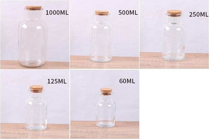 60/125/250/500/1000ml Amber/Transparent Containter with Cork Stopper Glass Bottle