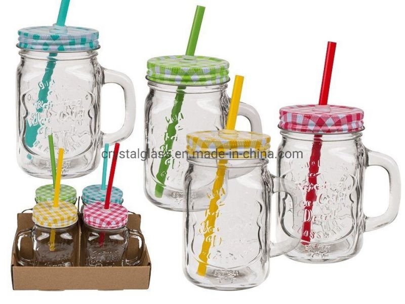 Hot Sale 480ml 16oz Rooster Cup Regular Mouth Embossed Surface Glass Mason Jar with Handle Straw Lid for Beer or Juice Drinking