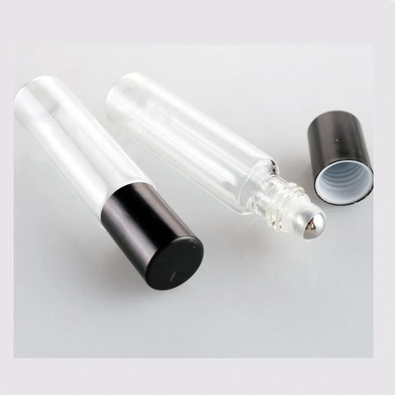 10ml Portable Clear Empty Refillable Frosting Glass Container Roll on Bottle for Essential Oil Perfume with Plastic Cap