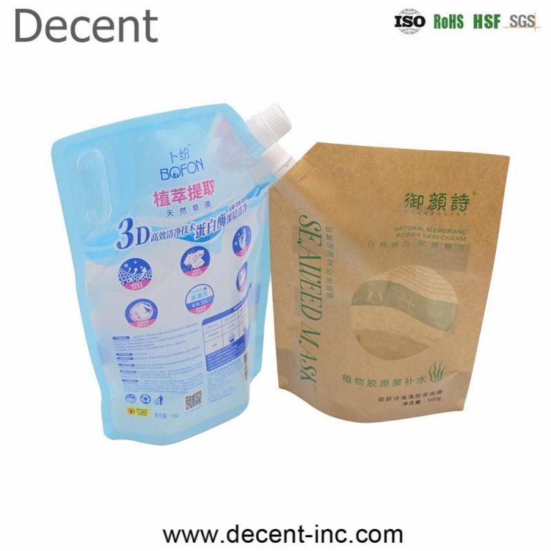 Decent Biodegradable Special Kraft Paper Bags Shampoo Seaweed Mask Laundry Bag with Plastic Nozzle Window Spout Pouch