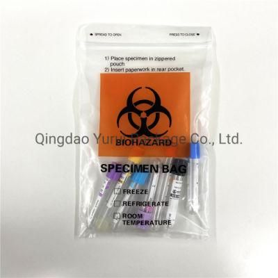 6X9&quot; Biohazard LDPE Plastic Zipper Top Lab Zip Lock Specimen Transport Bag with Back Pocket