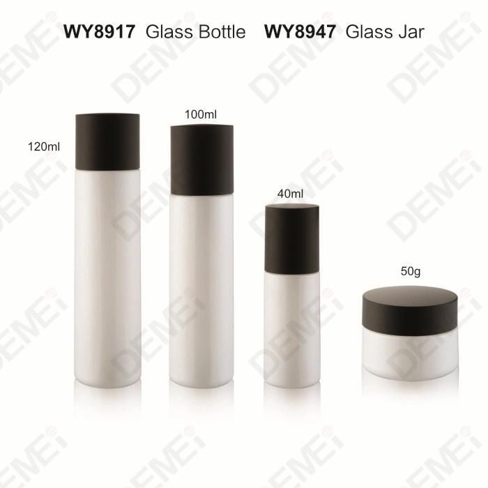 40/100/120ml 50g Cosmetic Skin Care Packaging White Straight Round Toner Lotion Glass Bottle and Cream Jar with Black Cap