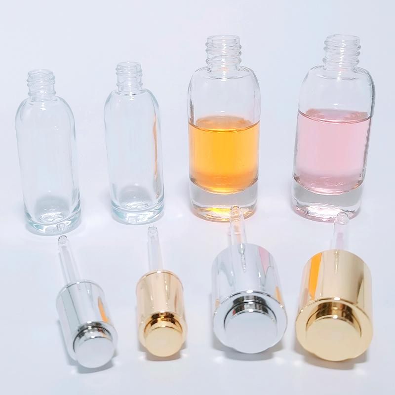 Custom Facial Skincare Essential Oil Cosmetic Serum Glass Dropper Bottle with Sliver Gold Push Button Caps