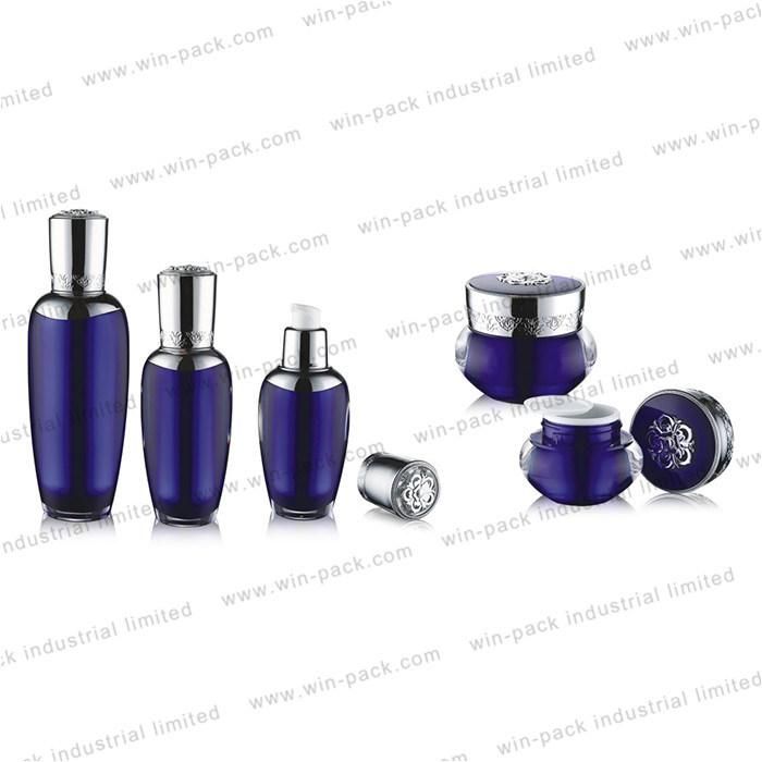 Hot Selling Luxury Painted Blue Acrylic Skincare Bottle with Embossing Cap 30ml 50ml 100ml