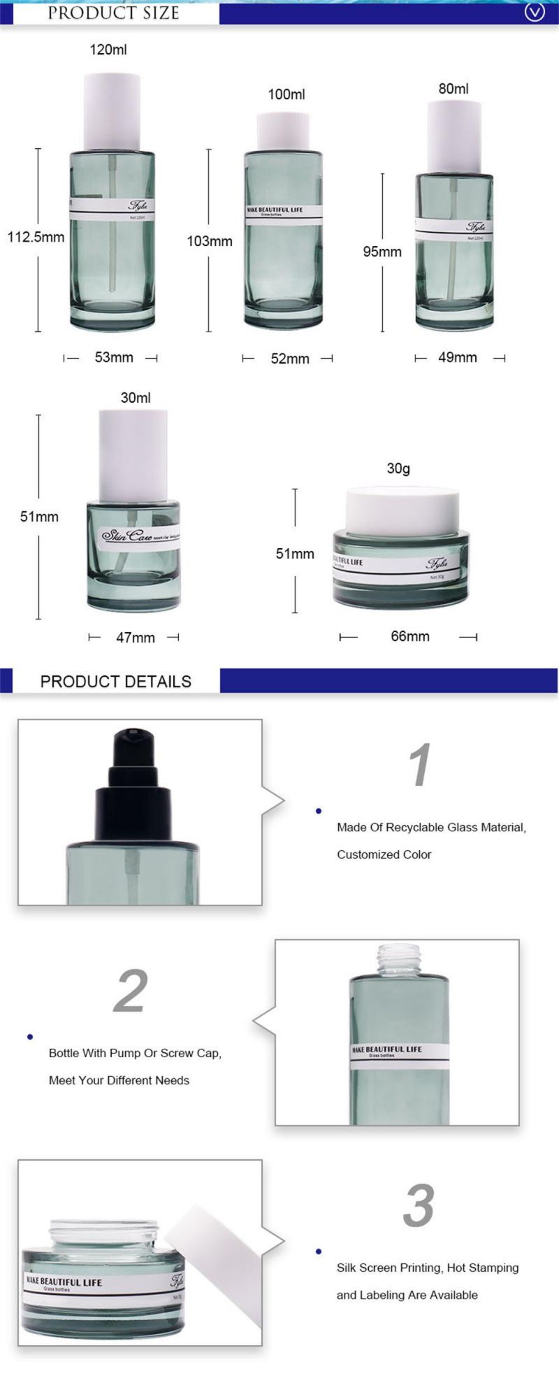 Skincare Cosmetic Packaging 30ml 80ml 120ml Blue Glass Lotion Pump Face Lotion Cream Bottle