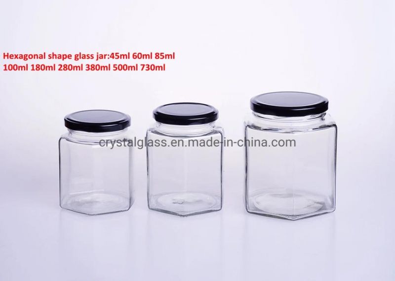 180ml 280ml 380ml Wholesale Customized Hexagonal Glass Honey Jar with Tinplate Lid