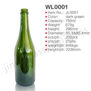 High Quality 750ml Dark Green Wine Bottle with Cork Finish