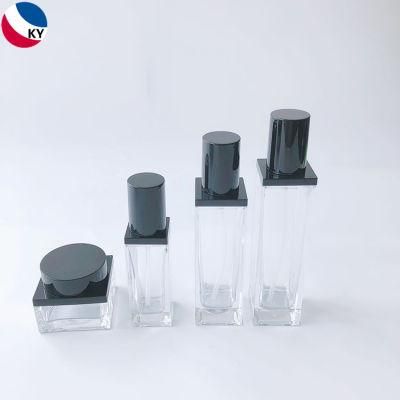 High Quality 50g 50ml 100ml 120ml Empty Square Glass Lotion Pump Bottle Bottle with Black Pump Cap Skin Care Packaging Set