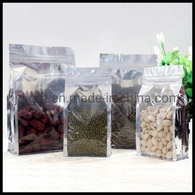 Wholesale Food Packaging Silver/Clear Square Bottom Gusseted Bags with Zip Lock for Food Dried Nuts Fruit Packing