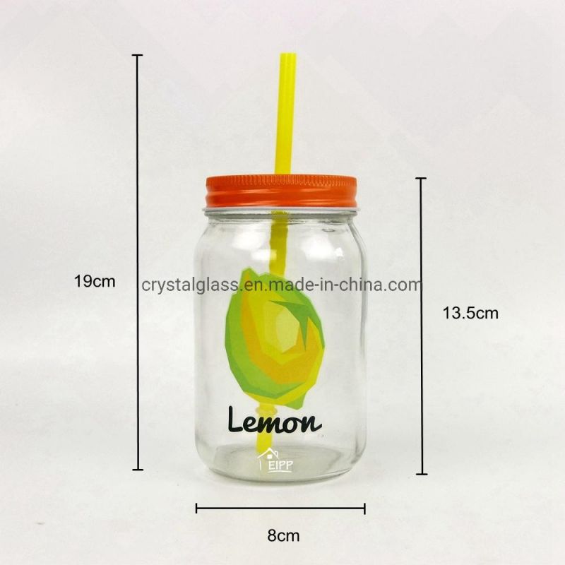 Wholesale 16oz Costom Logo Fruit Pattern Decal Wide Mouth Glass Mason Jar with Lid and Straw