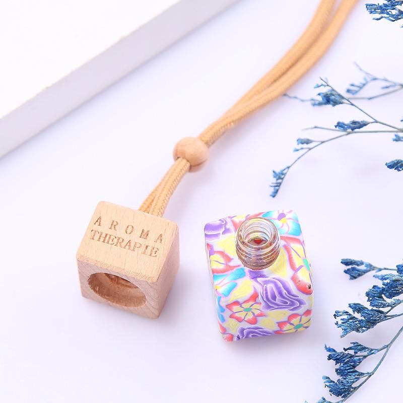 Clay Glass Car Hanging Perfume Bottle Polymer Clay Fimo Empty Car Diffuser Bottle with Wooden Lids