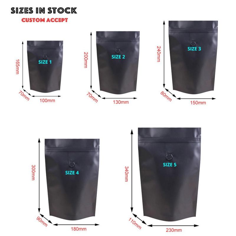 Matte Black Package One Way Valve Stand up Pouch/Aluminum Foil Packaging Zip Lock Mylar Storage Coffee Bags