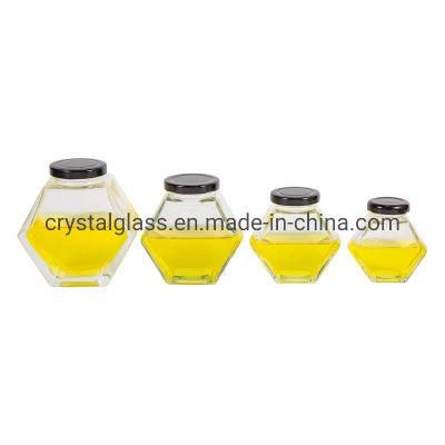 100ml 180ml 280ml 380ml Flat Hexagonal Glass Honey Jar with Metal Lid