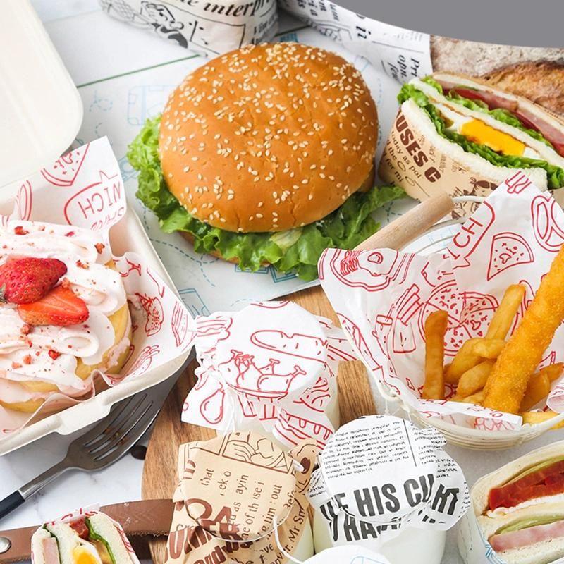 Customized Printed Fast Food Grease Proof Wrapping Paper Biodegradable Safe Paper Sheet for Hamburger Sandwich