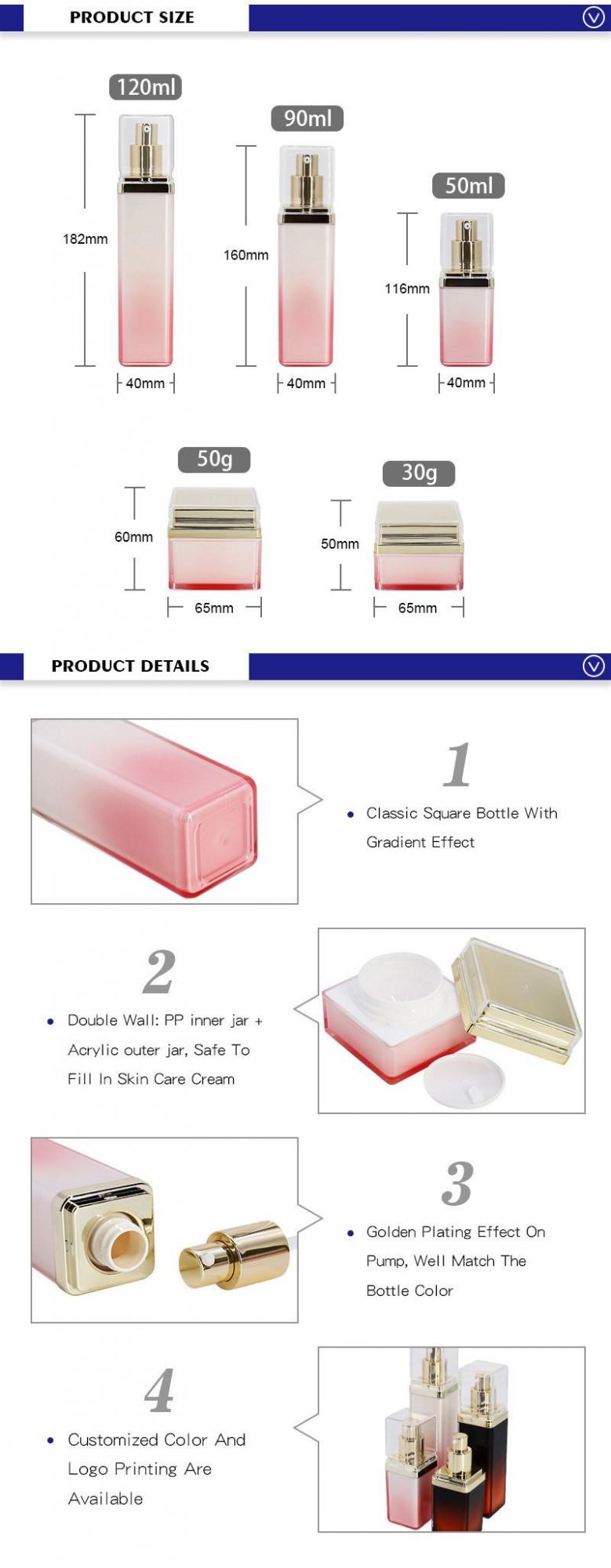 Luxurious Plastic Acrylic Square Gradient Effect Gold Pump 50 Ml 90 Ml 120 Ml Cute Lotion Bottles