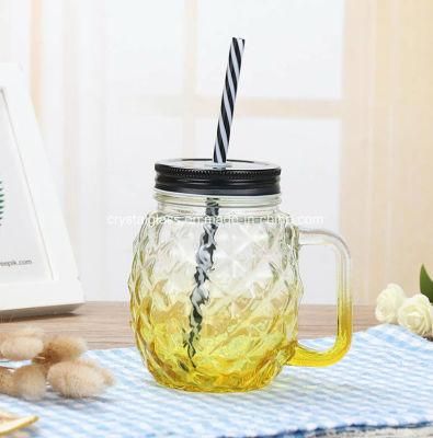 Advertising Gift Mason Pineapple Gradual Change Empty Clear Glass Bottle with Lid and Straw 480ml