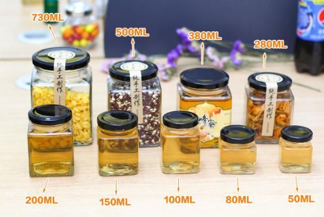 Square Honey Jam Jelly Glass Jar Salad Dressing Jar with Twist off Lid 150ml 200ml 280ml 380ml 500ml 730ml