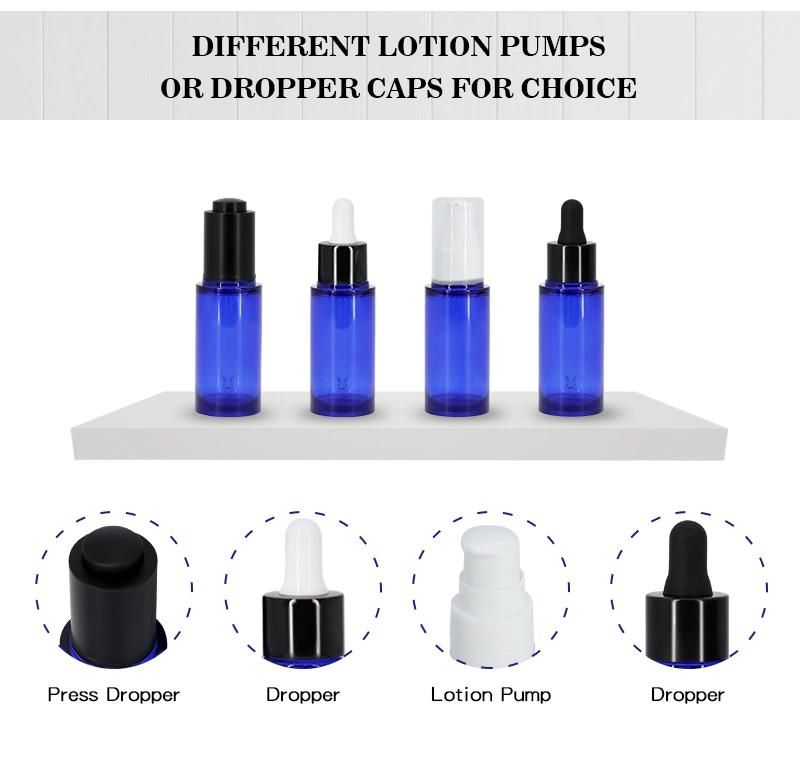 OEM Dark Blue 30ml PETG Round Essential Oil Dropper Bottle with Press Dropper Lotion Pump