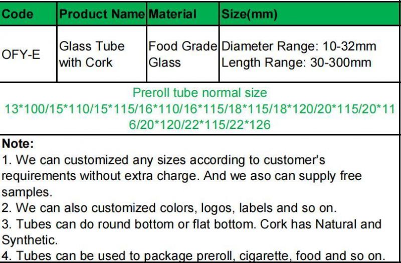 12mm 13mm 15mm 16mm 18mm Test Tube Glass with Cork for Pre Roll Packaging Storage Container