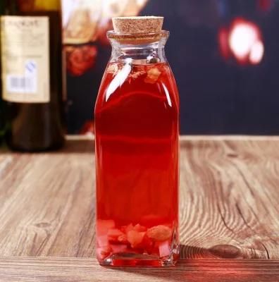 10oz Wholesale Transparent Square Cold Tea Bottle Ice Orange Tea Bottle Milk Tea Bottle Beverage Bottle with Cork