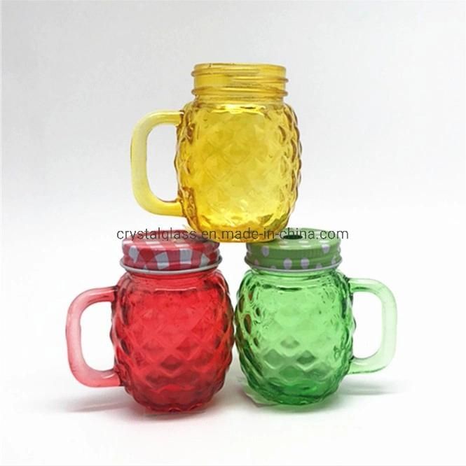 Colored Pineapple Style Glass Mason Beverage Mug with Handle 500ml/450ml