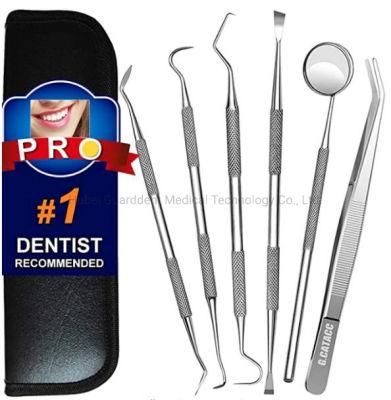 Dental Tool 6 in 1 Instrument with Stainless Steel Mouth Mirror/Probe/Tweezer/Sickle Scraper/Tartar Scraper/Gum Cleaner