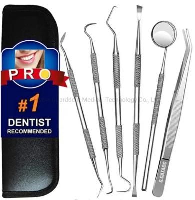 Dental Instrument Set with Stainless Steel Mouth Mirror/Probe/Tweezer/Sickle Scraper/Tartar Scraper/Gum Cleaner