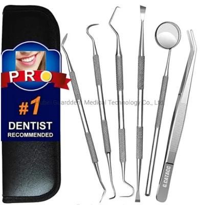 Dental Reusable Instrument Kits Tool 6 in 1 with Stainless Steel Mouth Mirror/Probe/Tweezer/Sickle Scraper/Tartar Scraper/Gum Cleaner