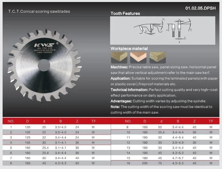 Kws Manufacturer 160mm Conical Scoring Woodworking Tct Circular Saw Blade