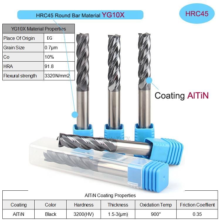 55HRC/45/50/58/65/HRC 2/3/4flute Solid Carbide Standard End Mill for High Performance Milling