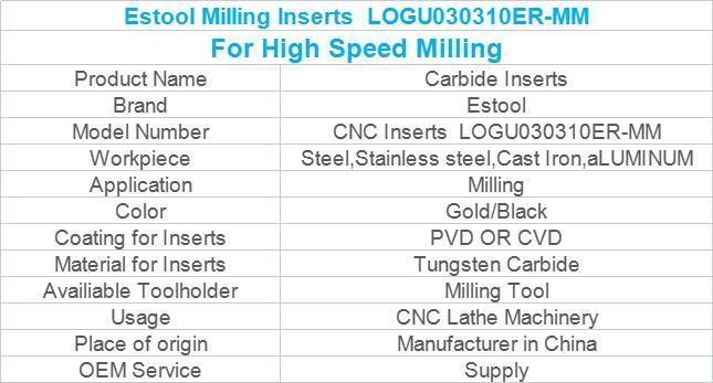 CNC Machine Cutting Tools Carbide Inserts Indexable Milling Inserts for High Feed Milling Logu030310er-mm