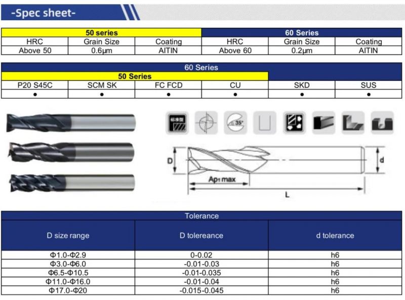 HRC50/60 Carbide 2/3/4 Flutes Square End Mill for CNC Milling Cutter