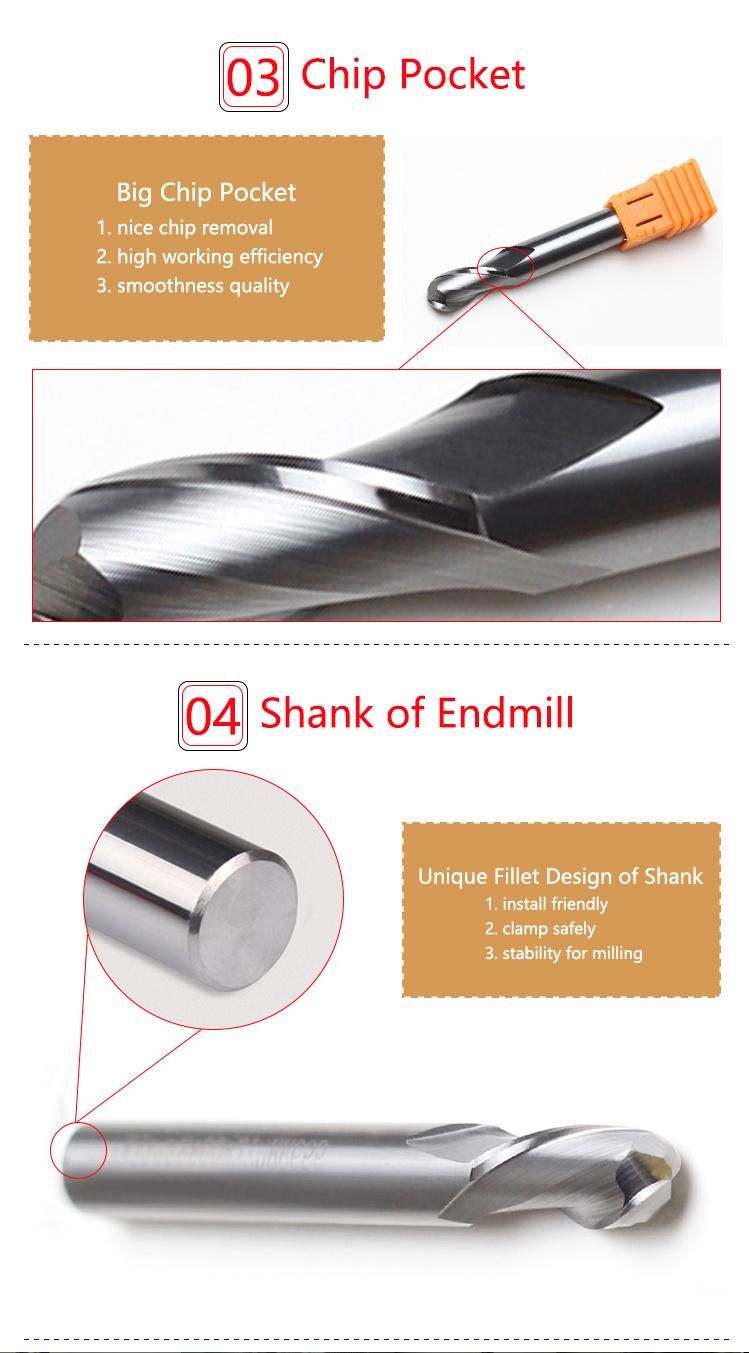 Good Quality CNC Cutting Tools Hard Alloy Solid Carbide 2flutes HRC55 Ball Nose Endmill for Aluminium