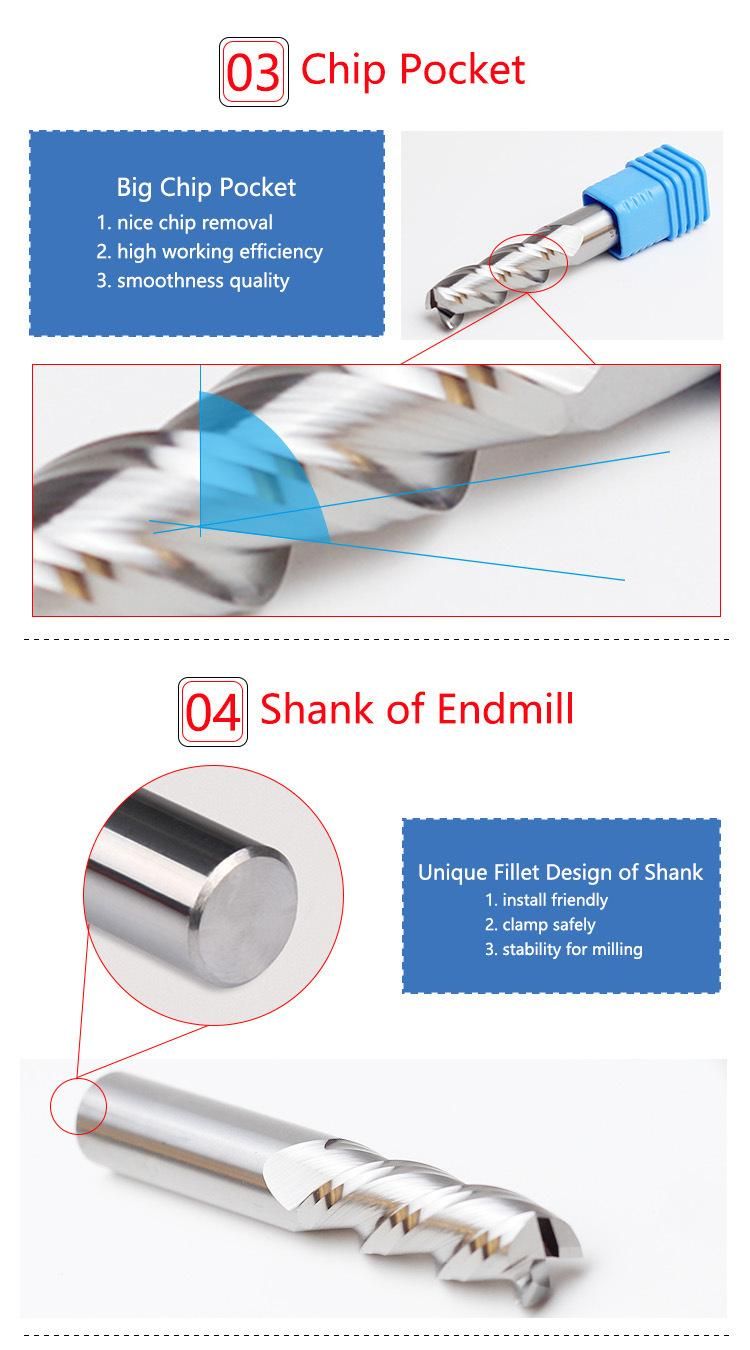 3flutes HRC45 Carbide Flatted Square End Mill for Aluminium