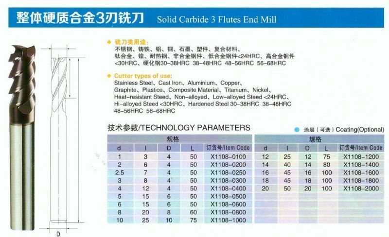 HRC55 3 Flutes Solid Carbide End Mill for Aluminum Cutting