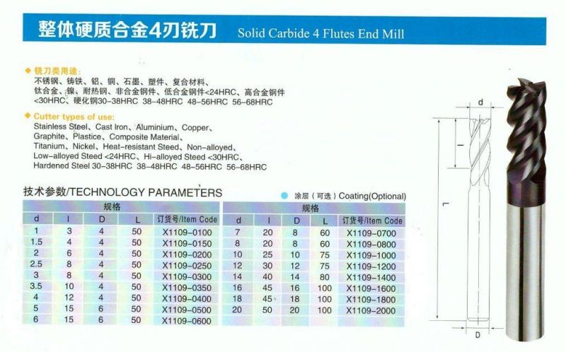 High Quality Coating Carbide 4 Flutes End Mill Cutters for Steel