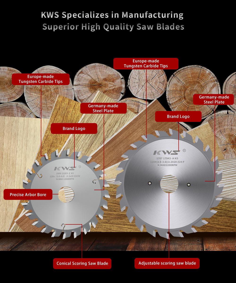 Kws Adjustable Split Scoring Saw Blade for Sliding Table Saw 120 mm 24 Teeth Tct Tungsten Carbide Disc Saw Blade Tools Schelling Carbide Tipped Saw Blade