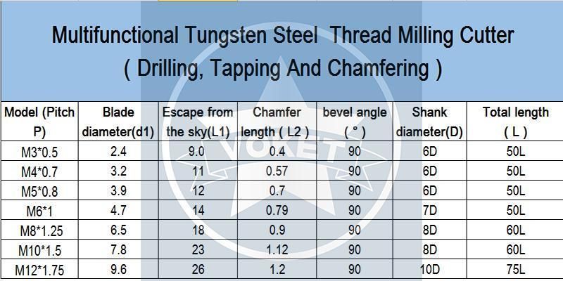 M5*0.8 CNC Ultifunctional Tungsten Steel Thread Milling Cutter M3 M4 M5 M6 M8 M10 M12 Mill Mills Cutter for Drilling Tapping and Chamfering