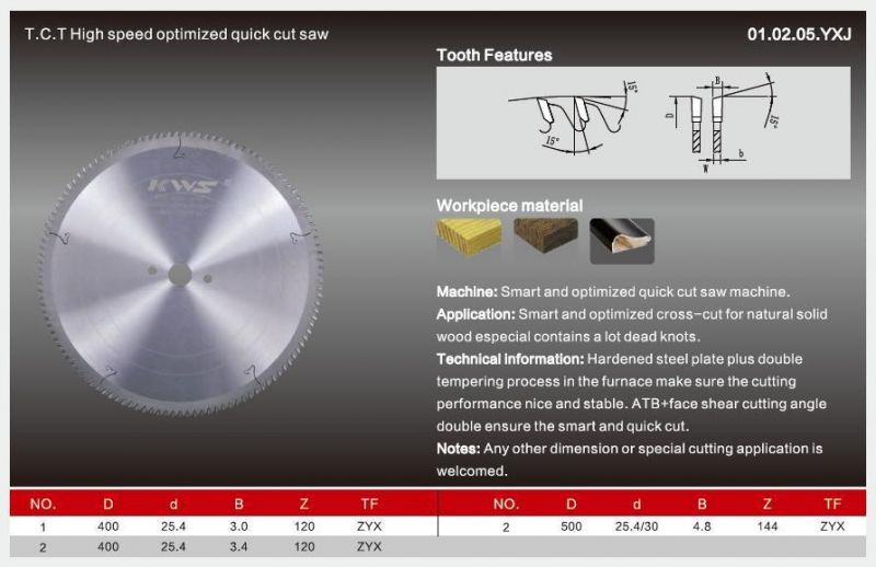 Kws Manufacturer 400mm Optimizing Cut off Saw Tct Woodworking Circular Saw Blade