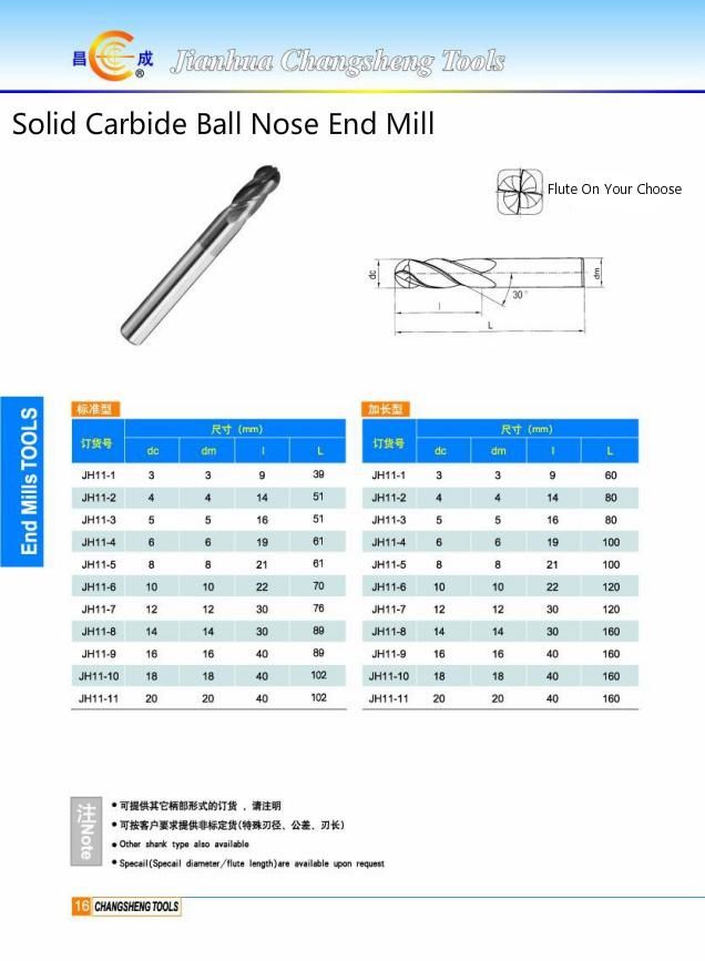 OEM Coated Tin 2 Flutes Solid Carbide Standard Ball Nose End Mill